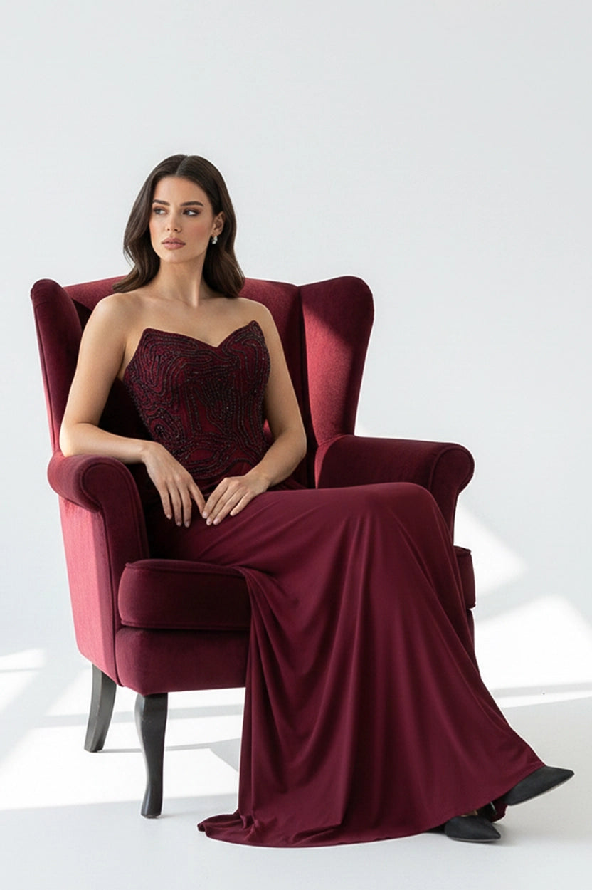 Beaded Corset Pleated Waist Jersey Dress