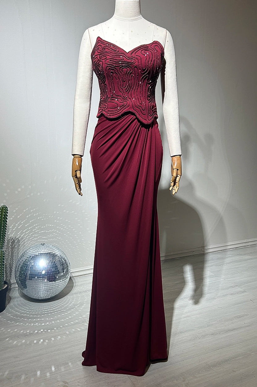 Beaded Corset Pleated Waist Jersey Dress
