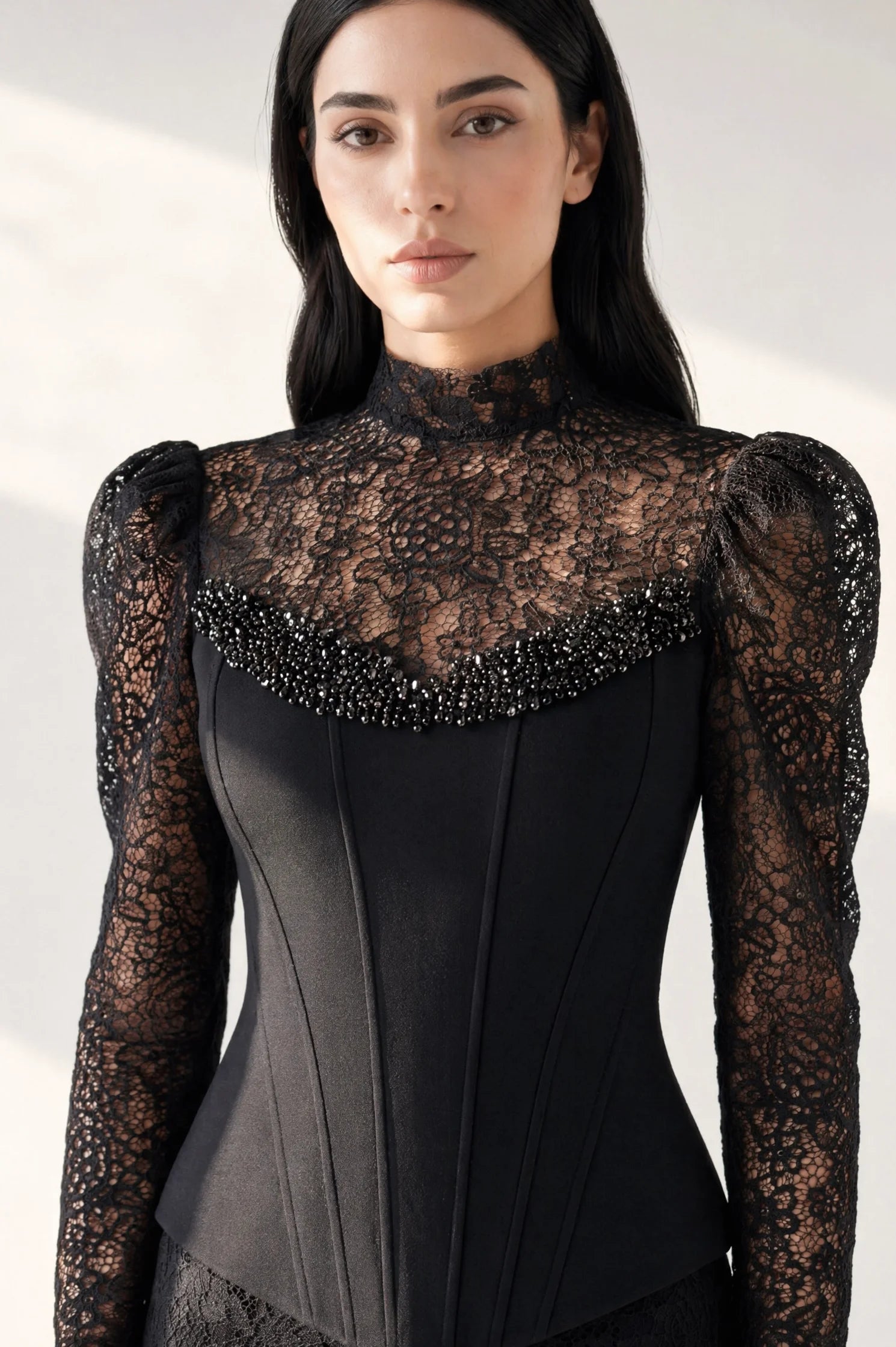 Beaded Crepe Corset Dantel JumpSuit