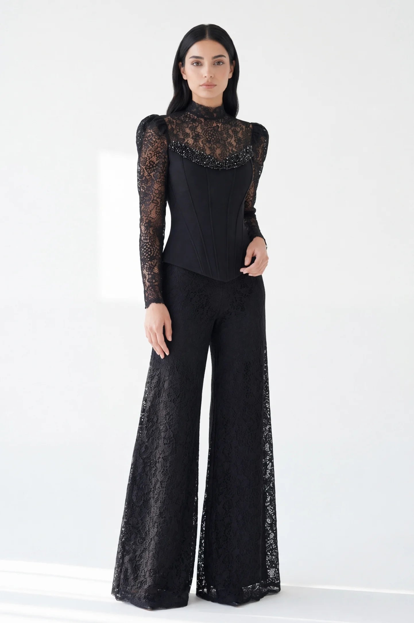 Beaded Crepe Corset Dantel JumpSuit