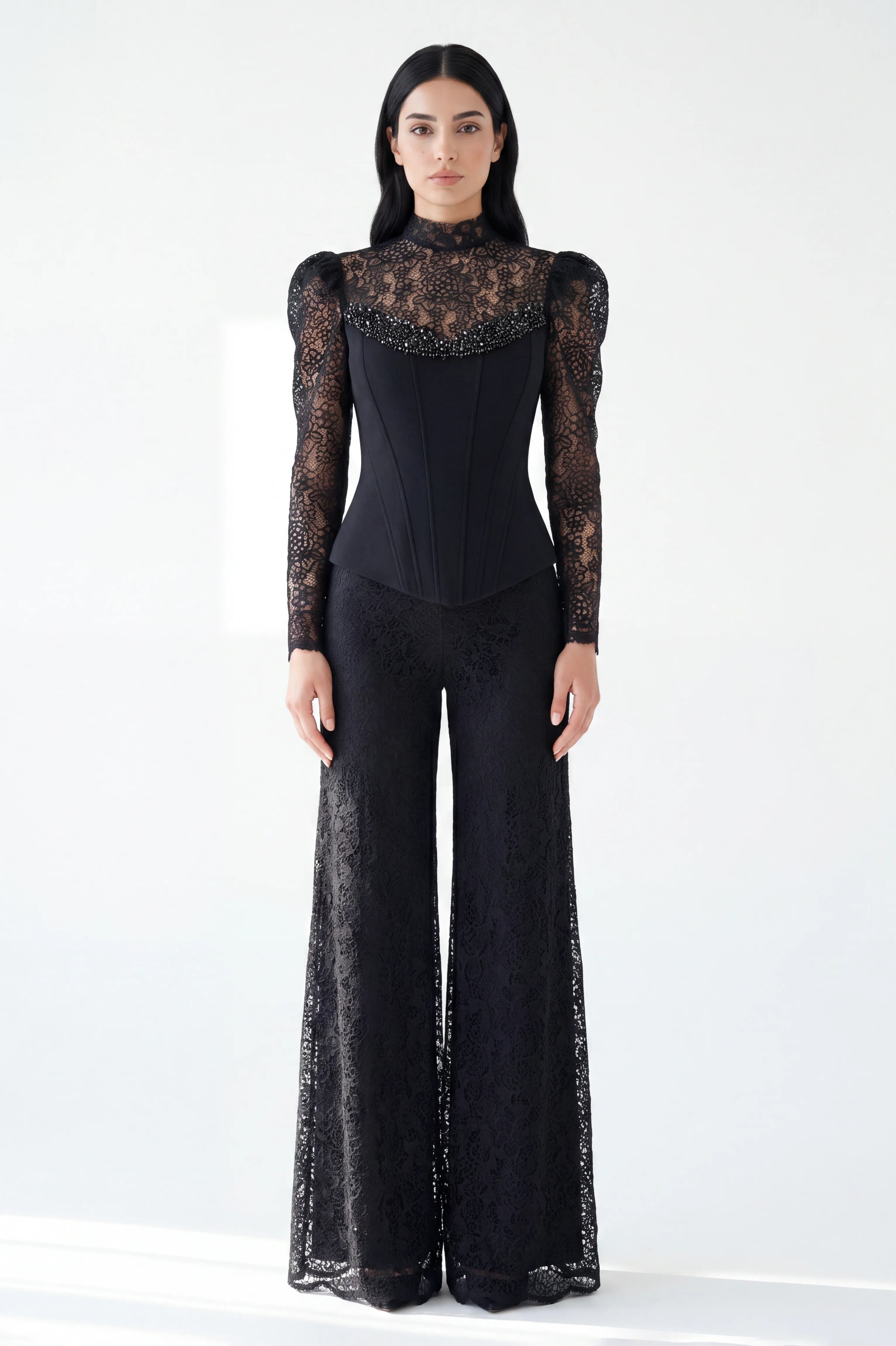 Beaded Crepe Corset Dantel JumpSuit