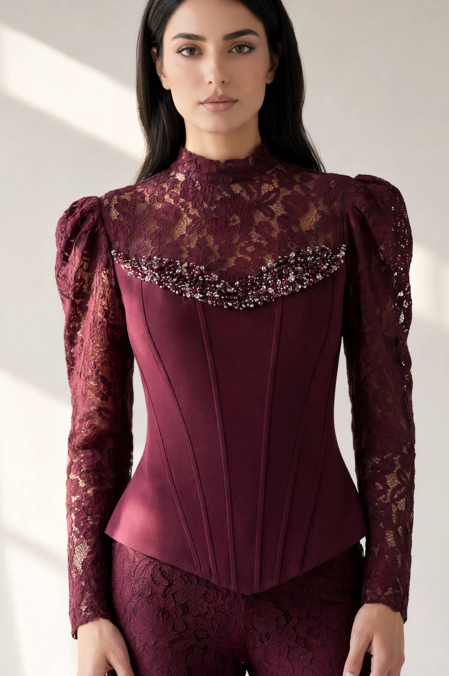 Beaded Crepe Corset Dantel JumpSuit
