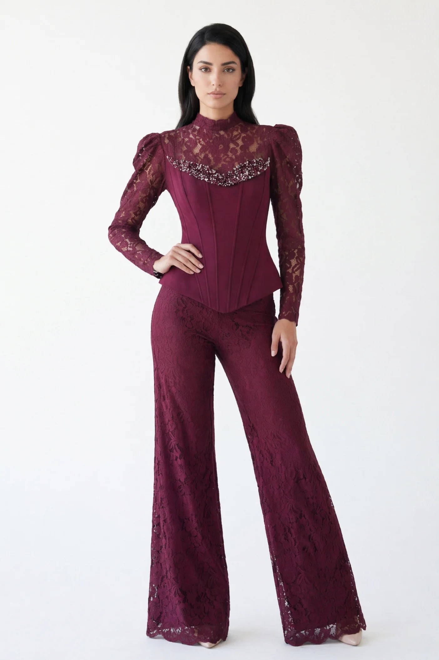 Beaded Crepe Corset Dantel JumpSuit