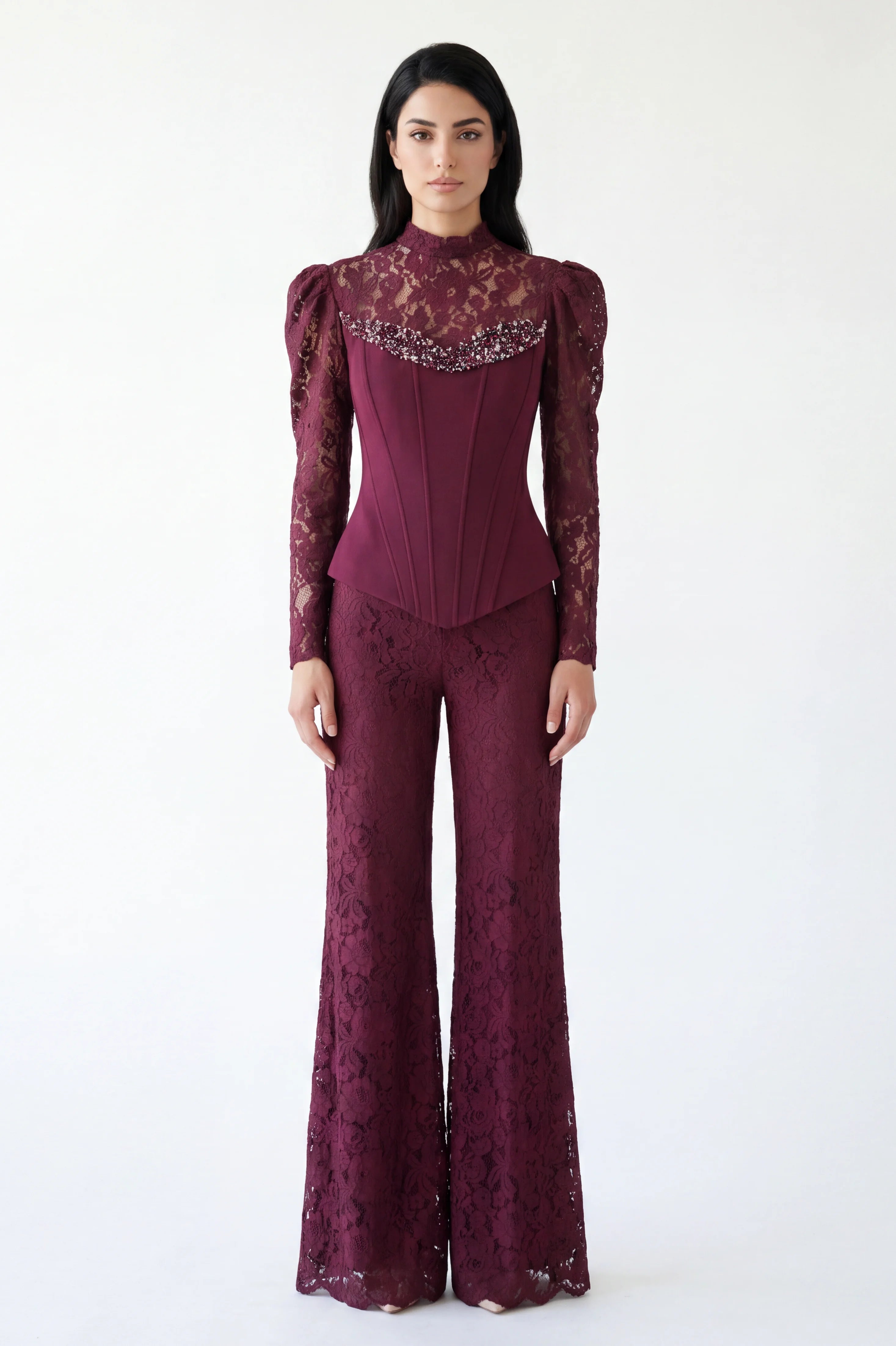 Beaded Crepe Corset Dantel JumpSuit