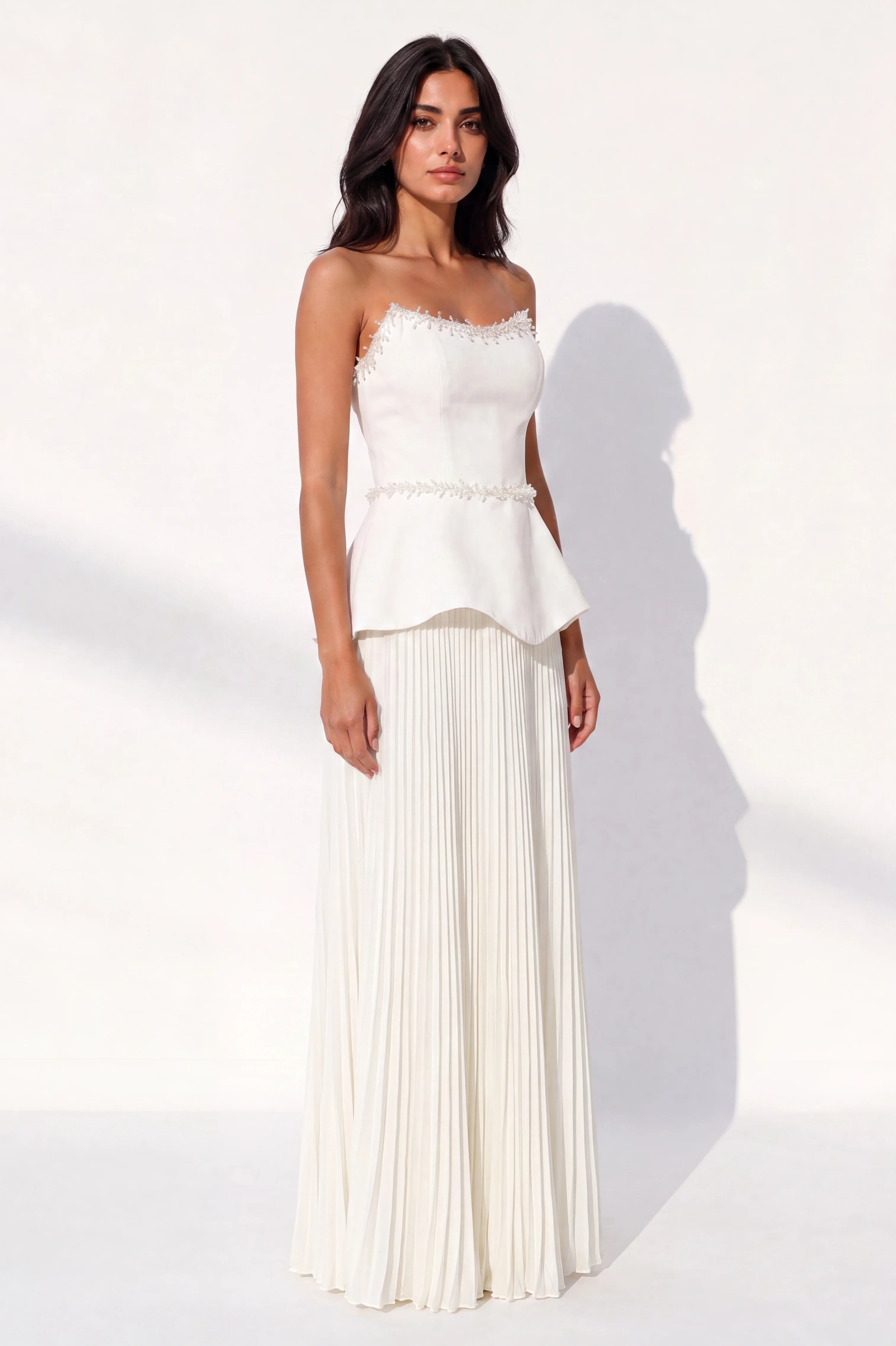 Beaded Details Plisse Chiffon Dress