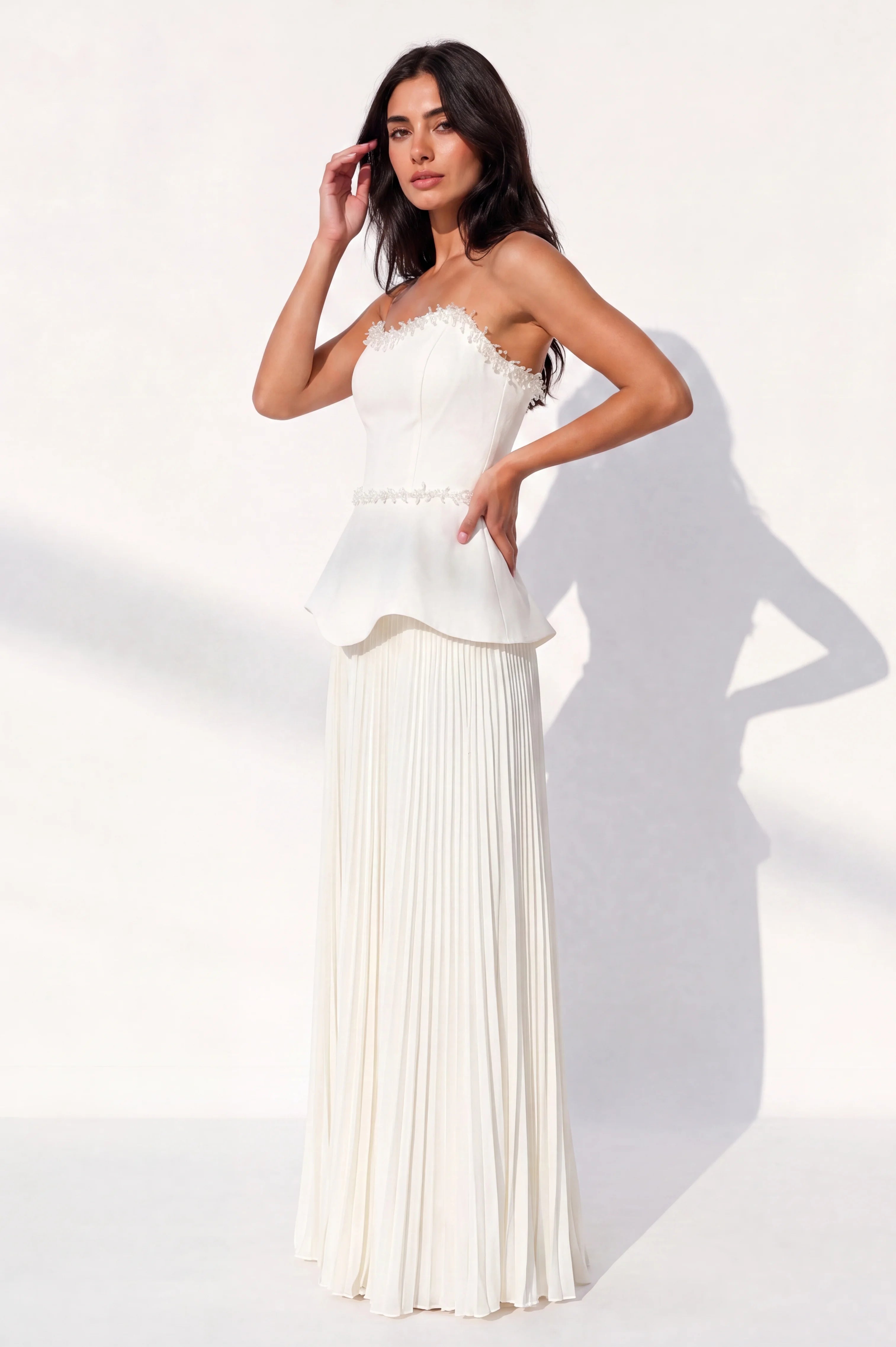 Beaded Details Plisse Chiffon Dress