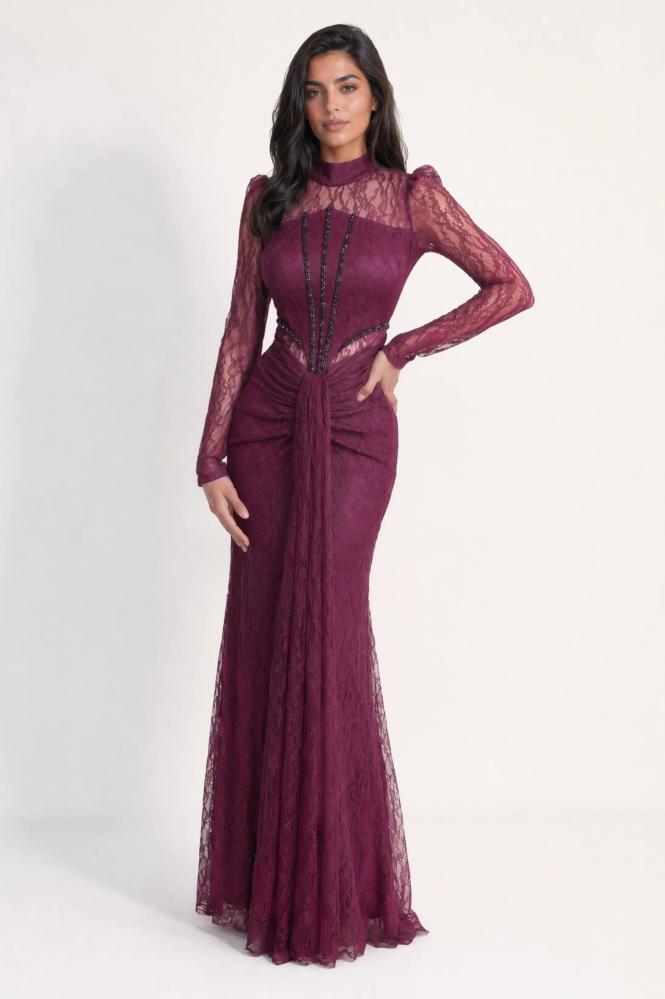 Beaded Lines Corset Dantel Dress