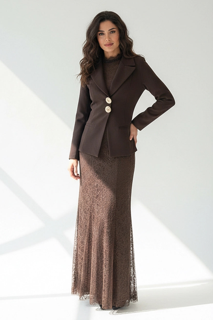 Beaded Neck Dantel Dress Blazer Set