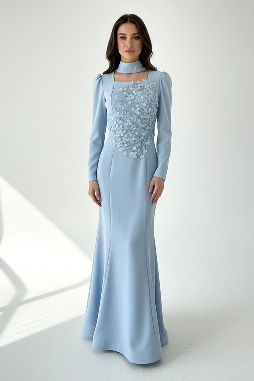 Beaded Square Neck Crepe Dress