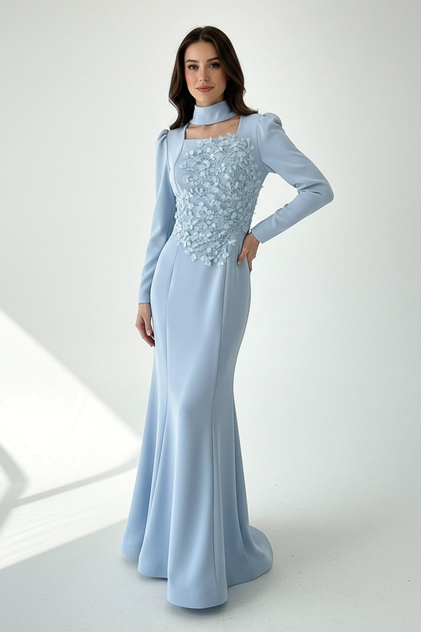 Beaded Square Neck Crepe Dress
