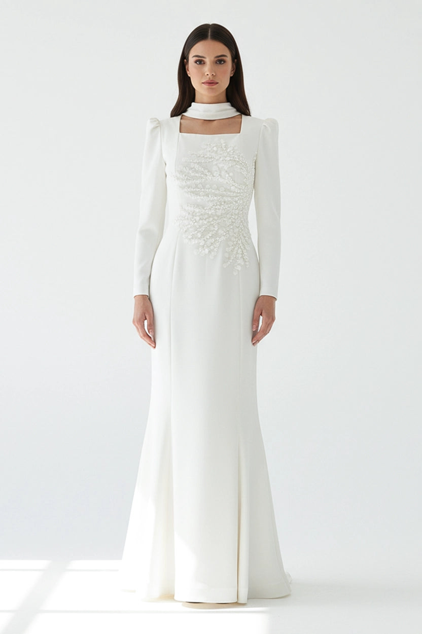Beaded Square Neck Crepe Dress