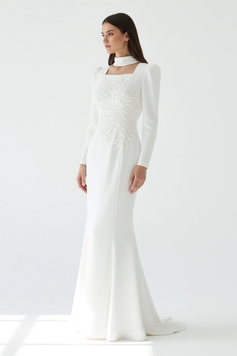 Beaded Square Neck Crepe Dress