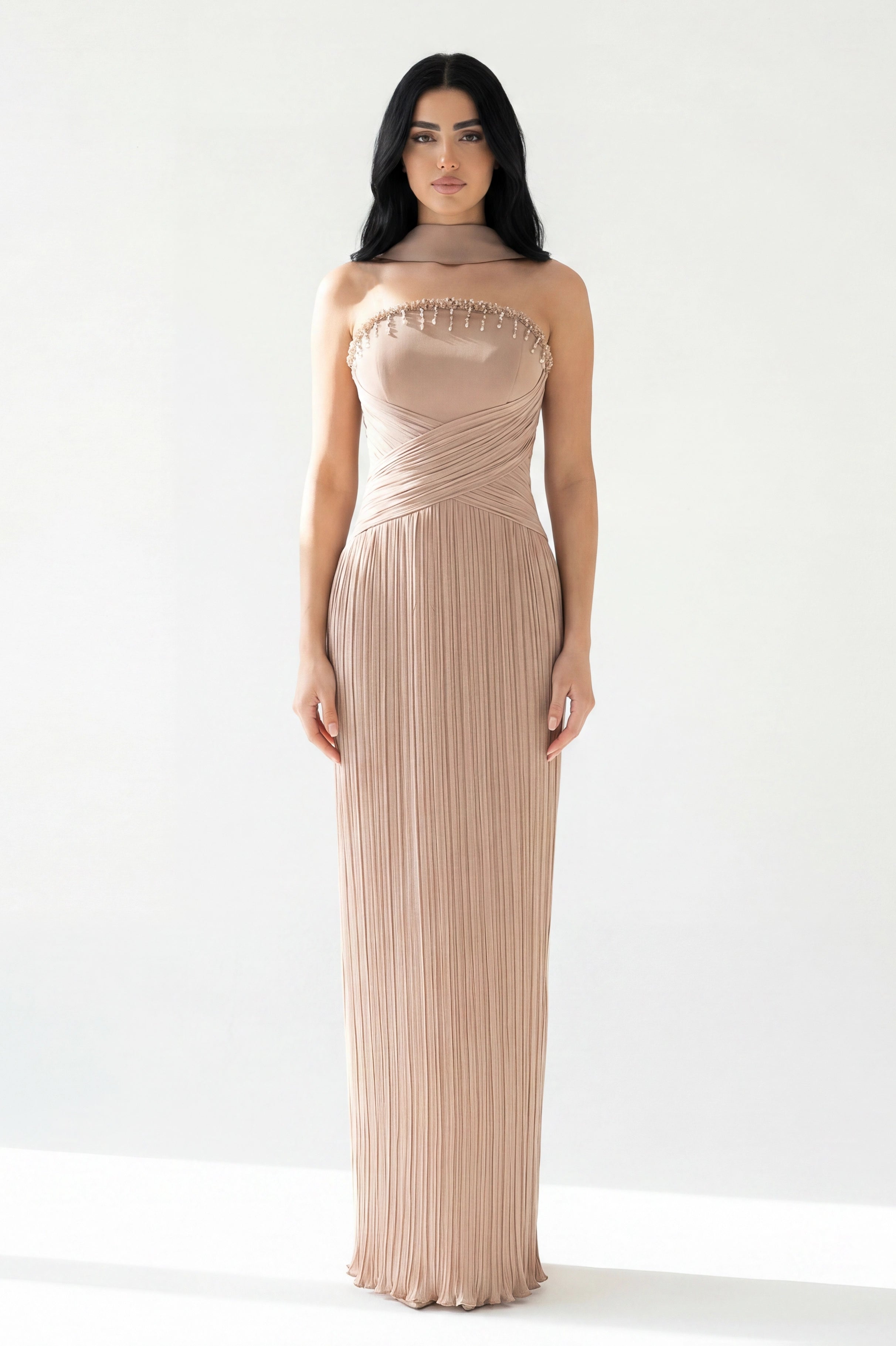 Beaded Bustline Plisse Chiffon Dress