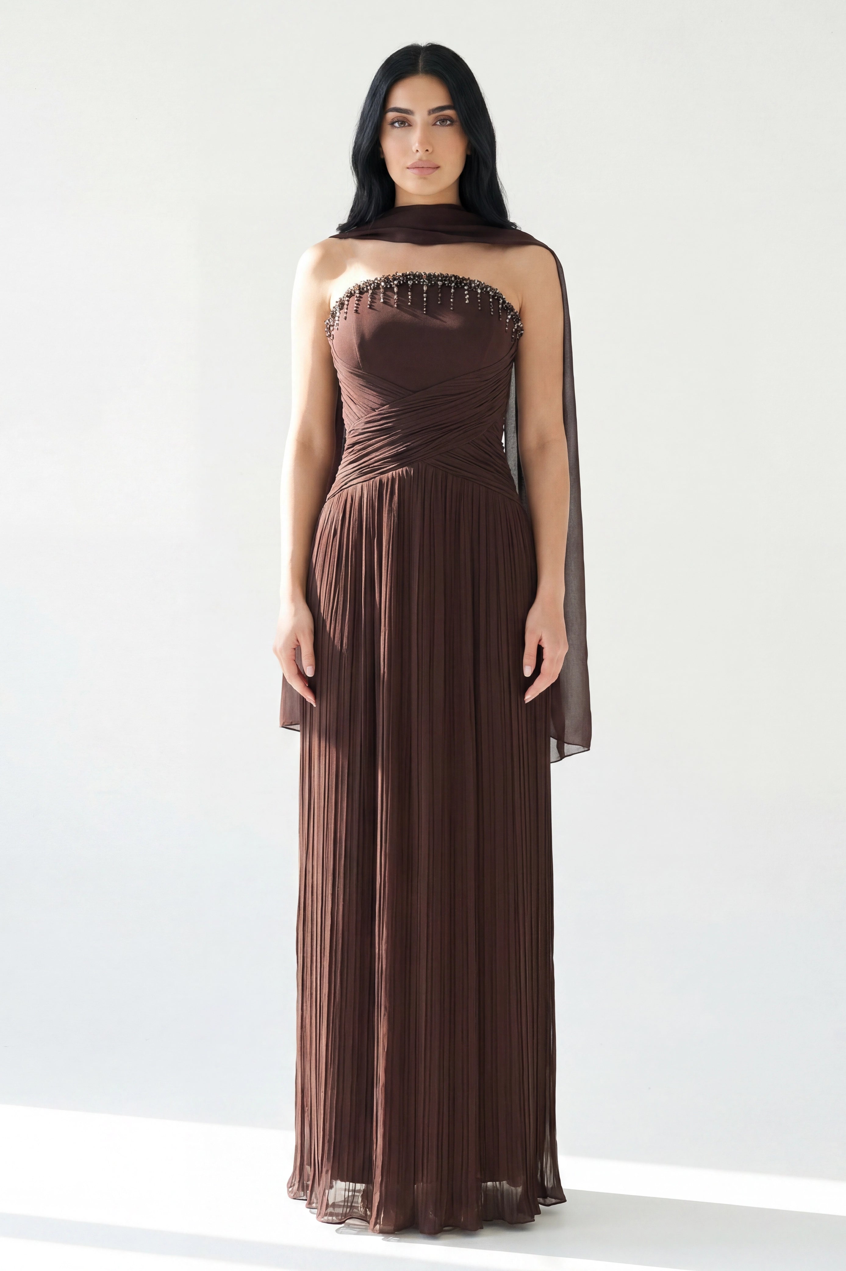Beaded Bustline Plisse Chiffon Dress