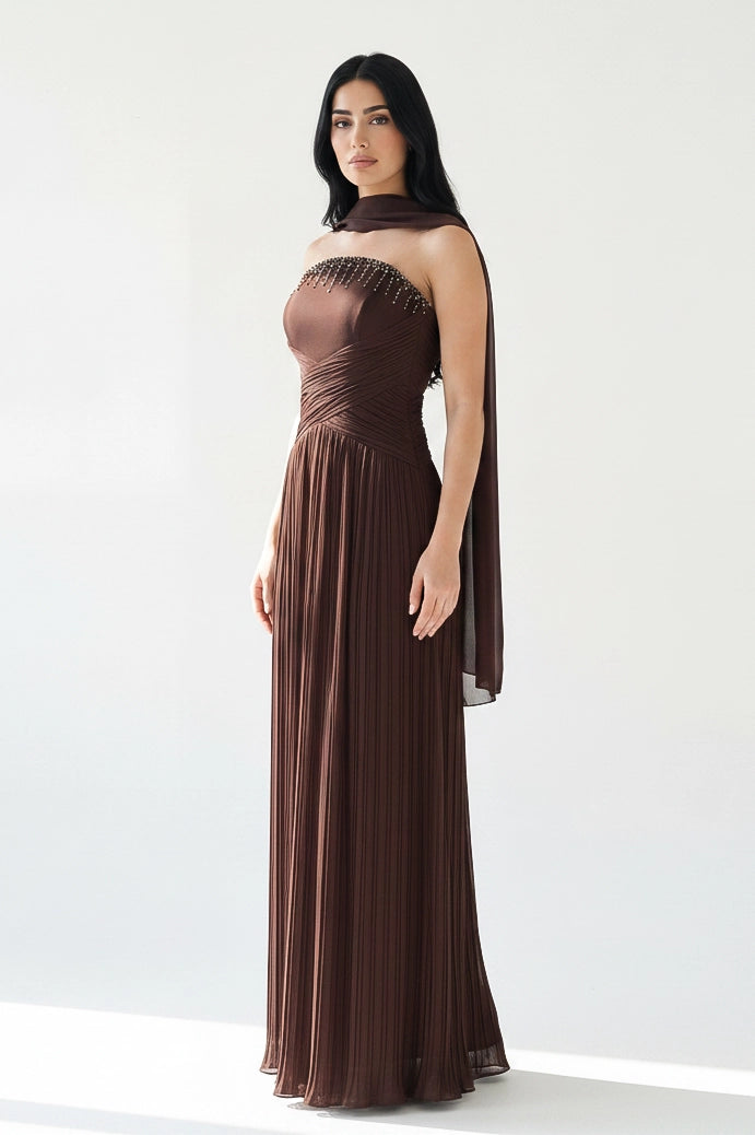 Beaded Bustline Plisse Chiffon Dress