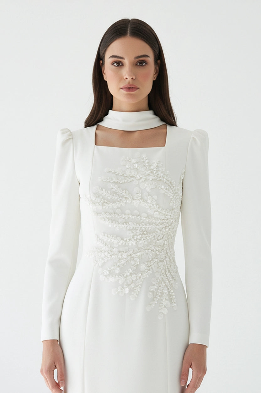 Beaded Square Neck Crepe Dress