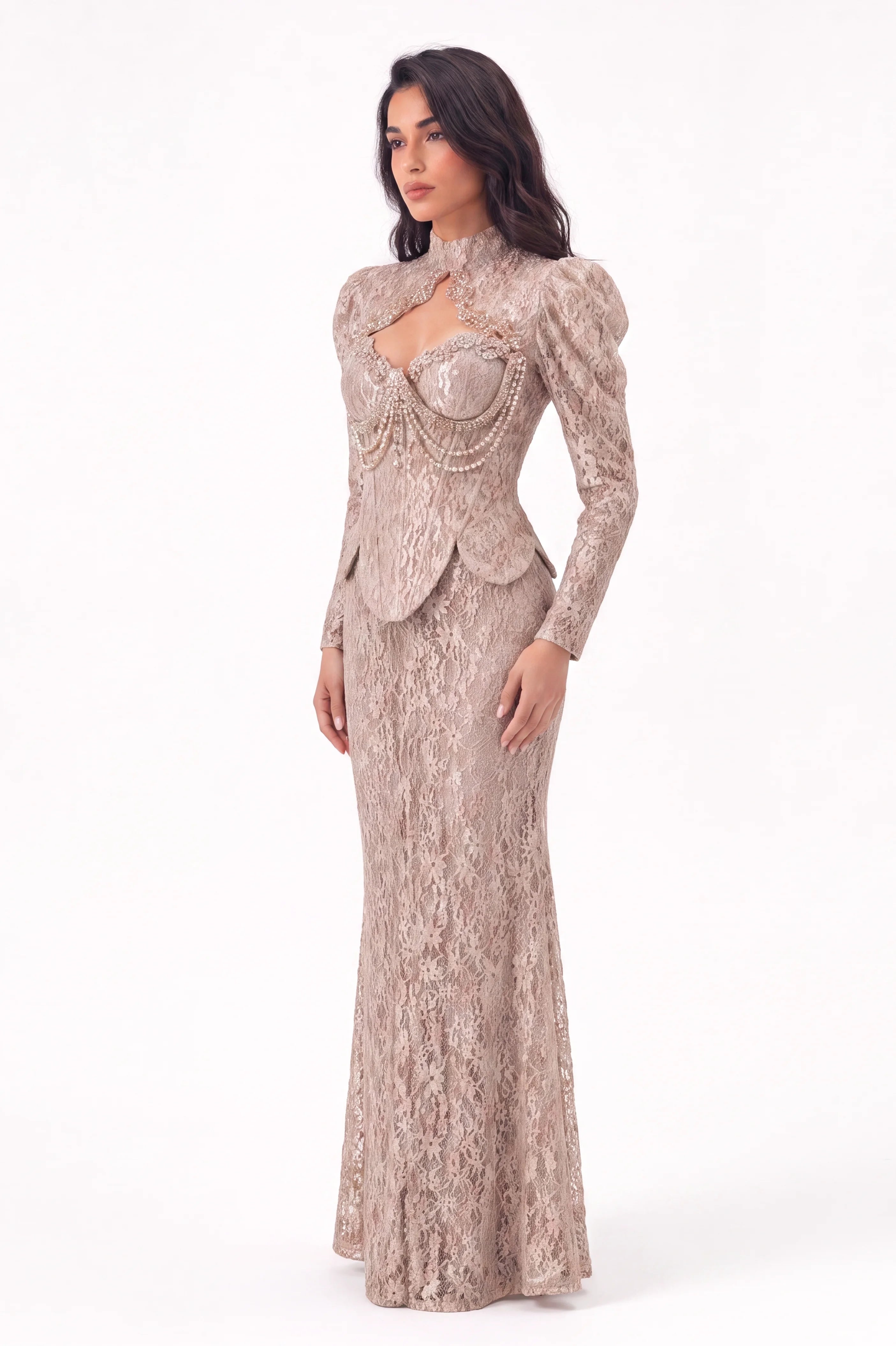 Beaded Bust Details Dantel Dress