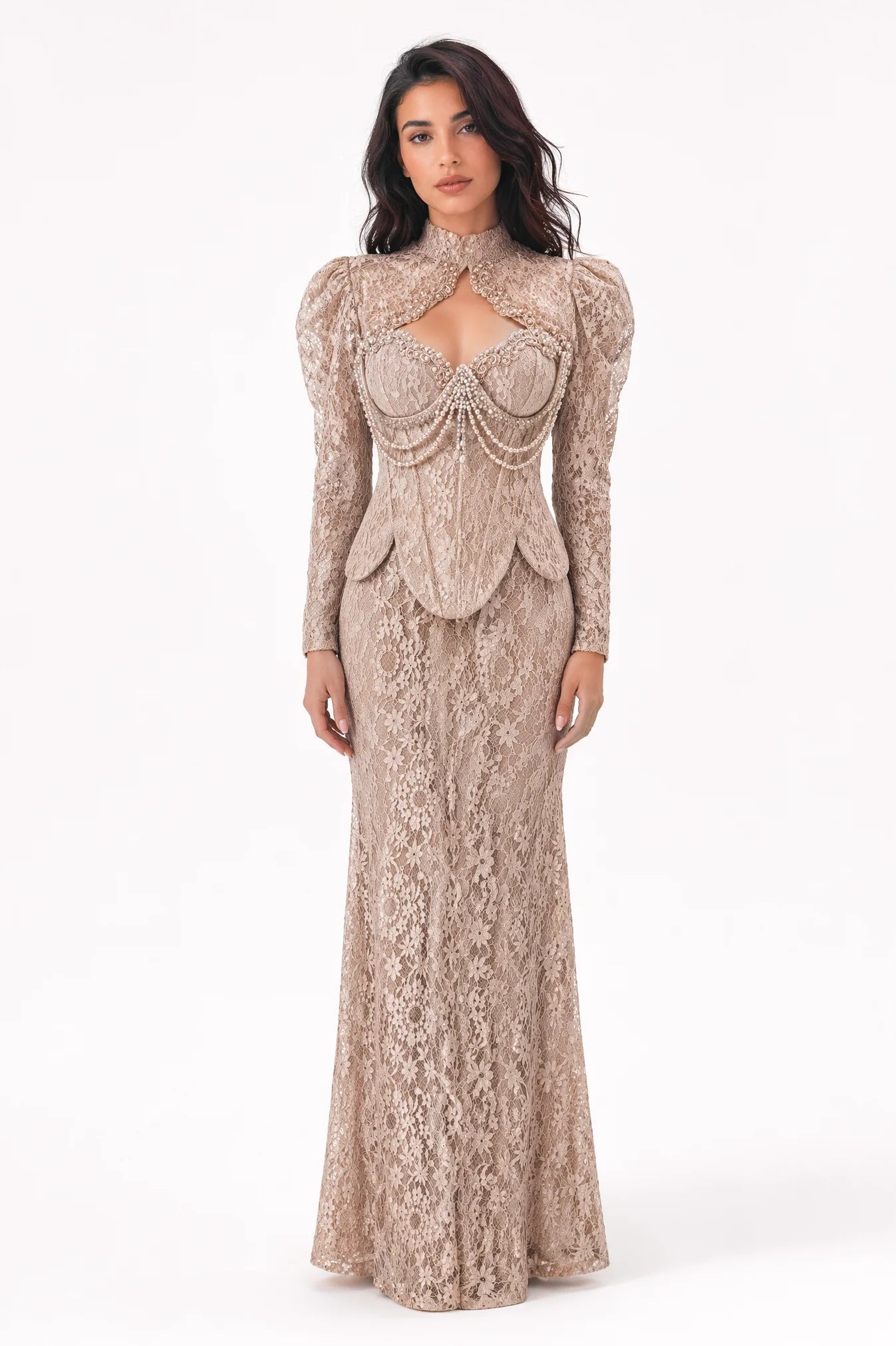 Beaded Bust Details Dantel Dress