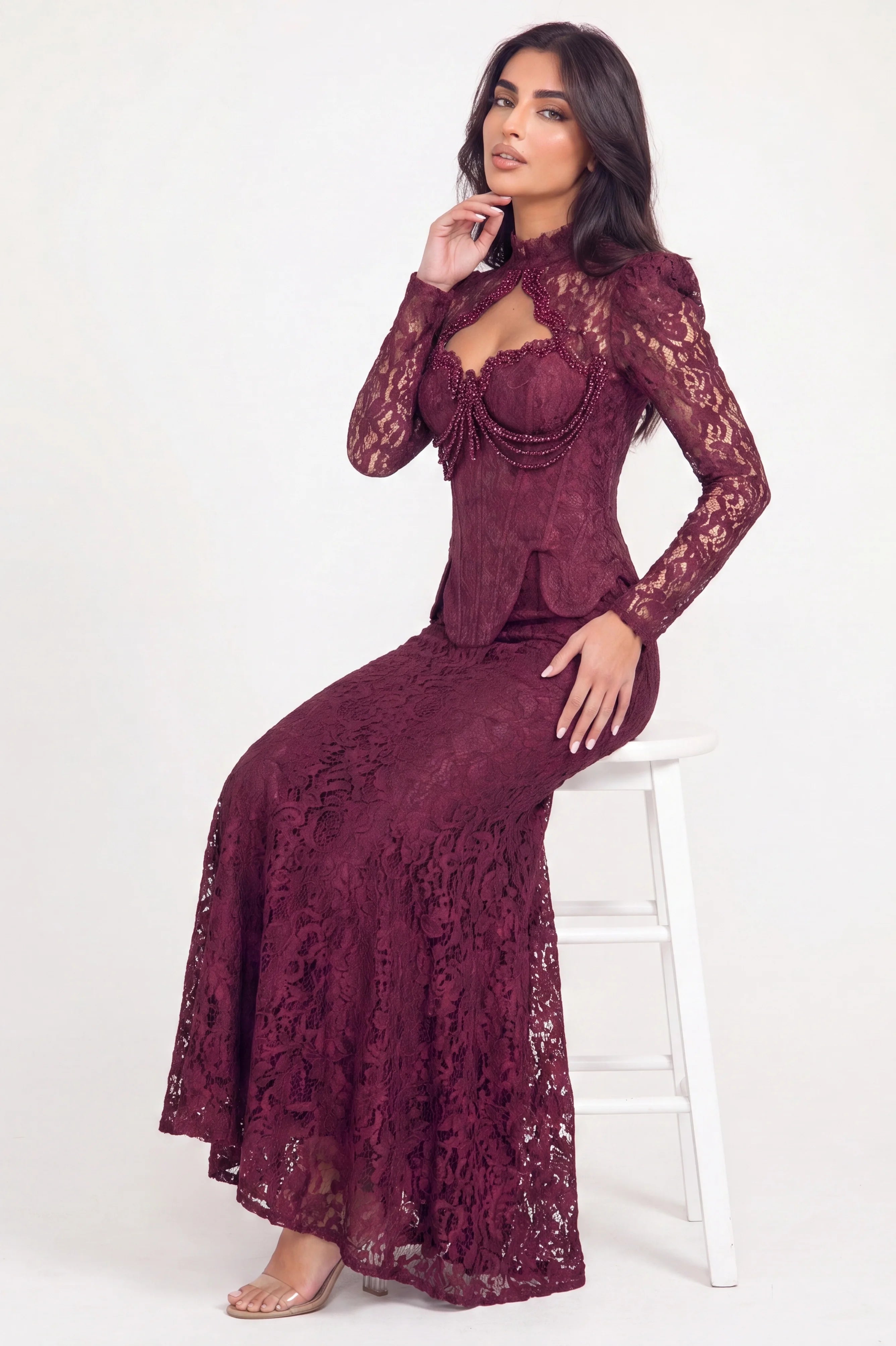 Beaded Bust Details Dantel Dress