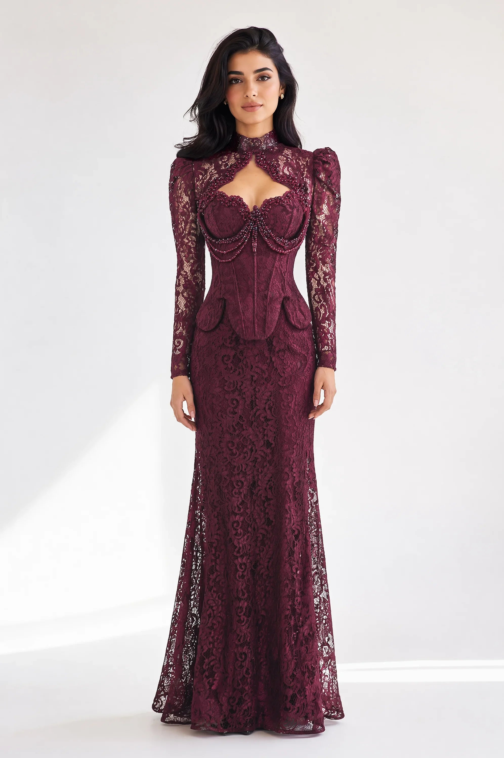 Beaded Bust Details Dantel Dress