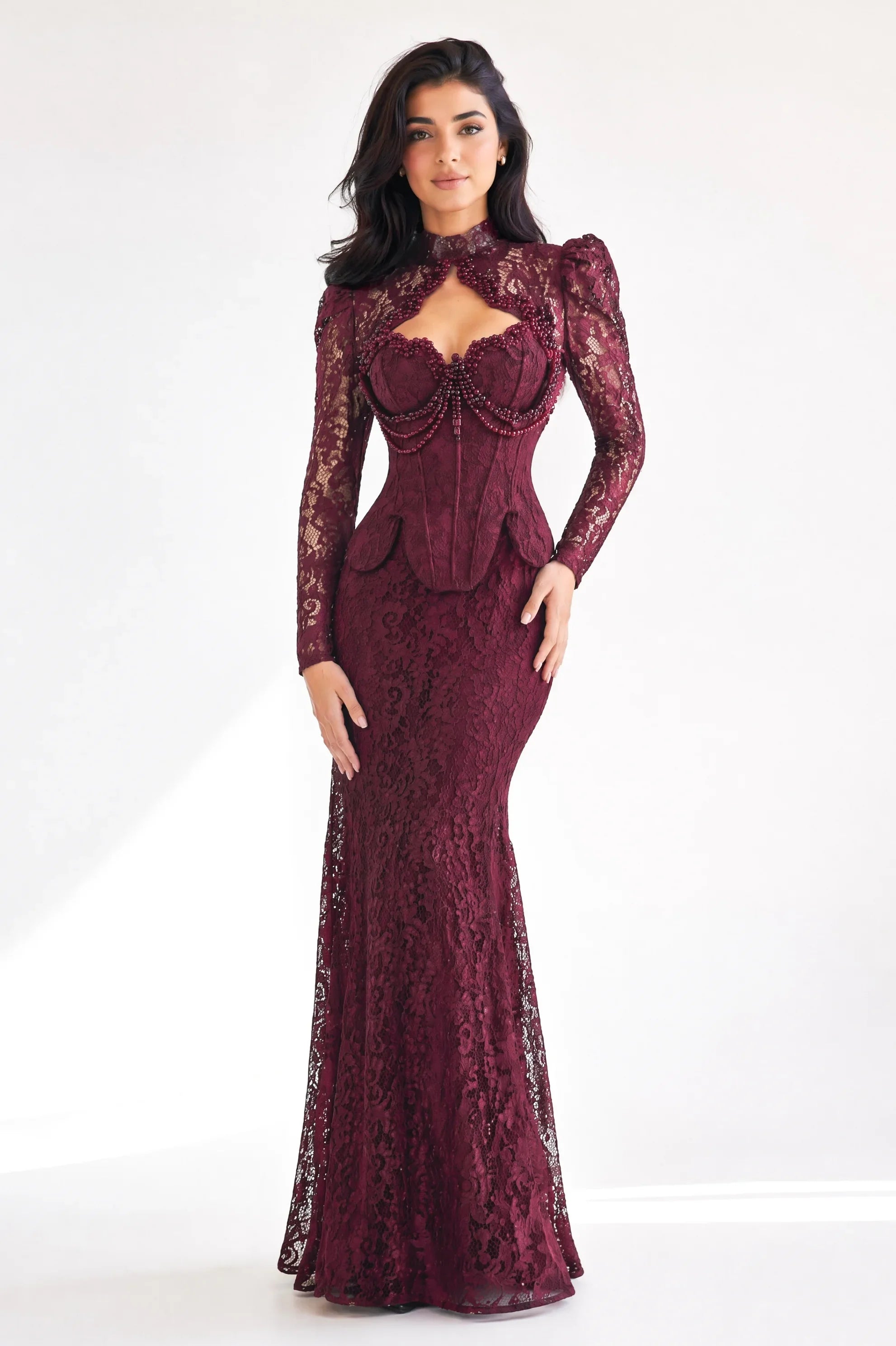 Beaded Bust Details Dantel Dress