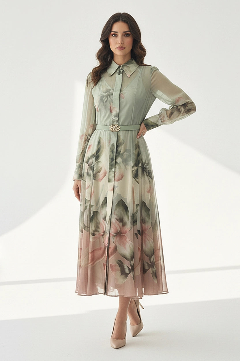 Belted Floral Chiffon Dress