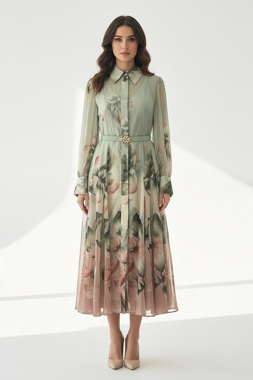Belted Floral Chiffon Dress