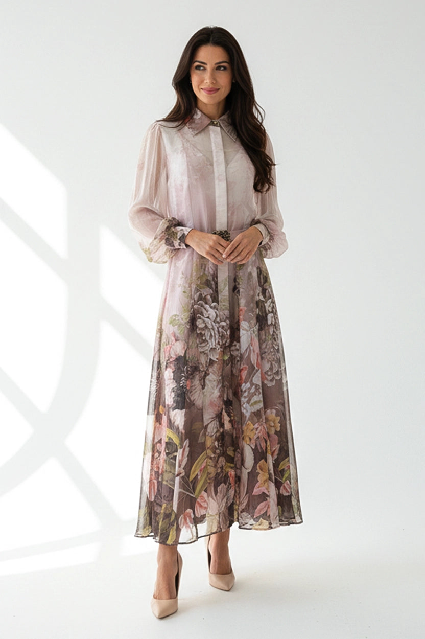 Belted Floral Chiffon Dress
