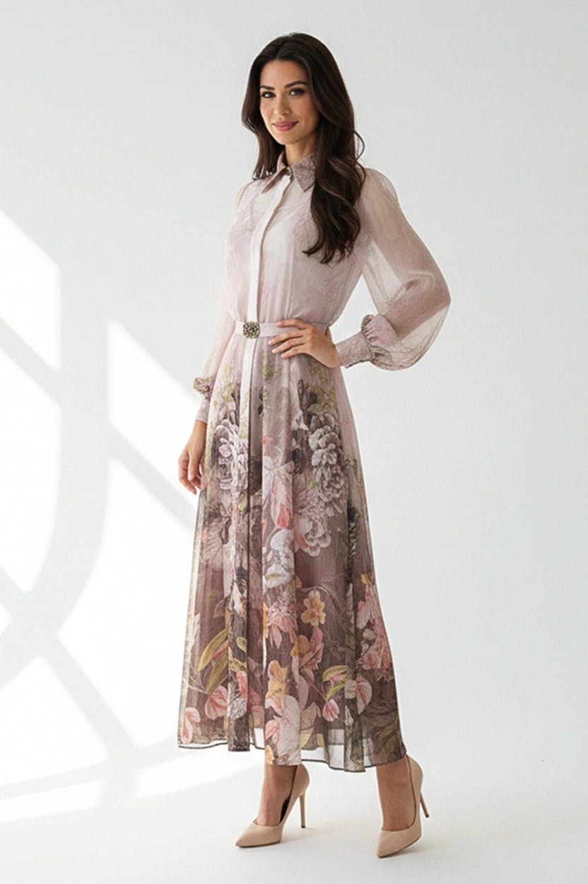 Belted Floral Chiffon Dress