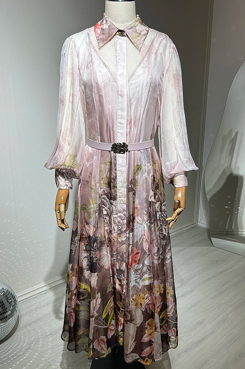 Belted Floral Chiffon Dress