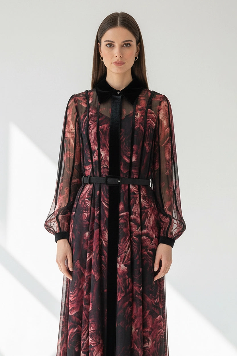 Blazer Velvet Neck Chiffon Dress