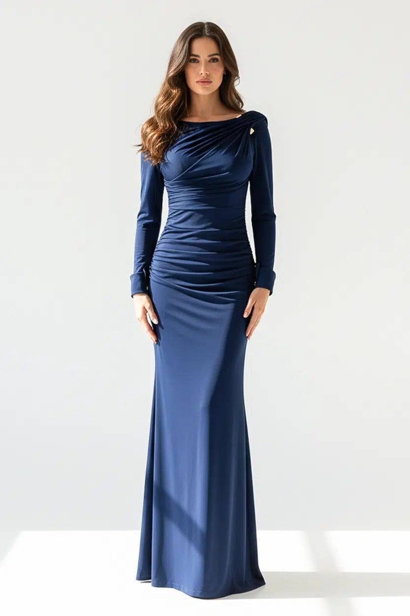 Brooch Details Pleated Jersey Dress