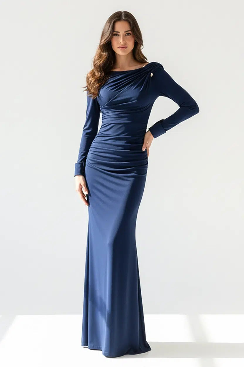 Brooch Details Pleated Jersey Dress