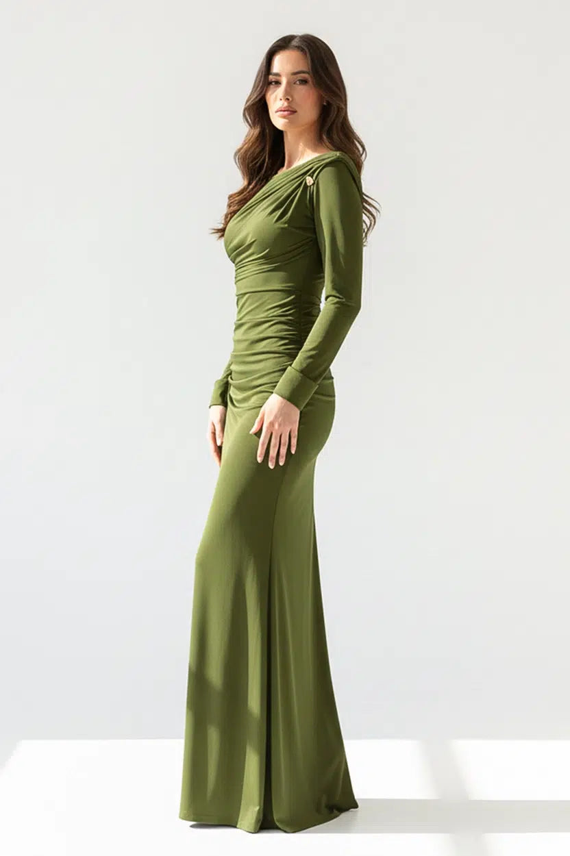 Brooch Details Pleated Jersey Dress