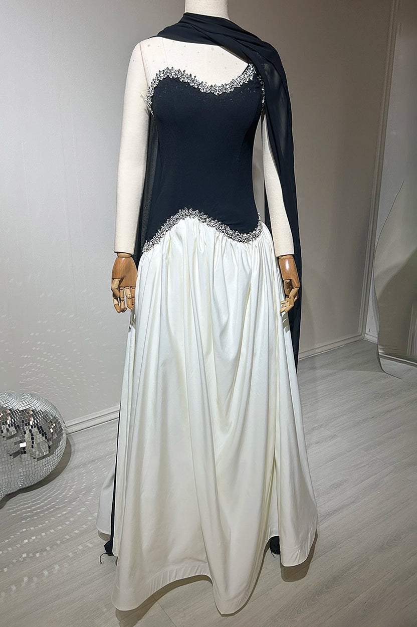 Buffy Taffeta Crystal Waistline Crepe Dress