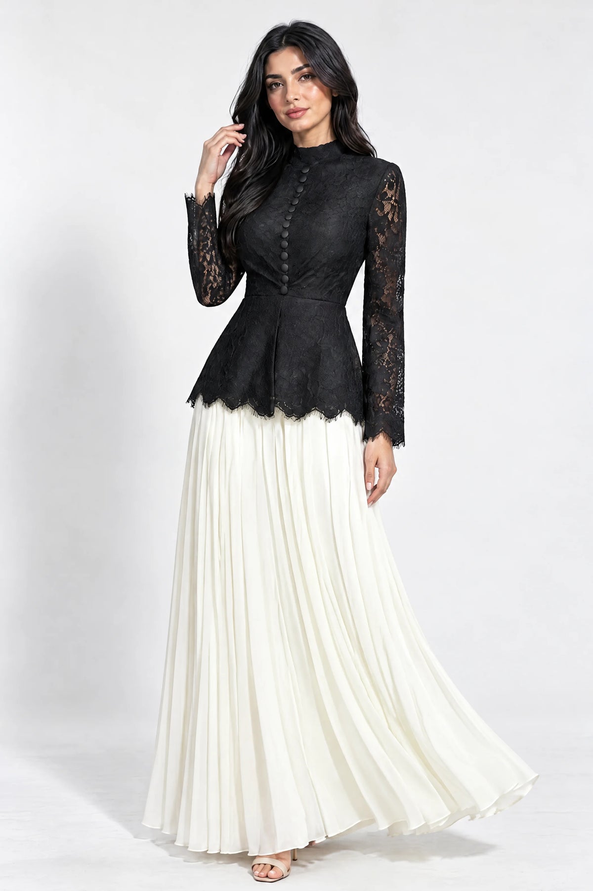 Button Details High Neck Chiffon Dress
