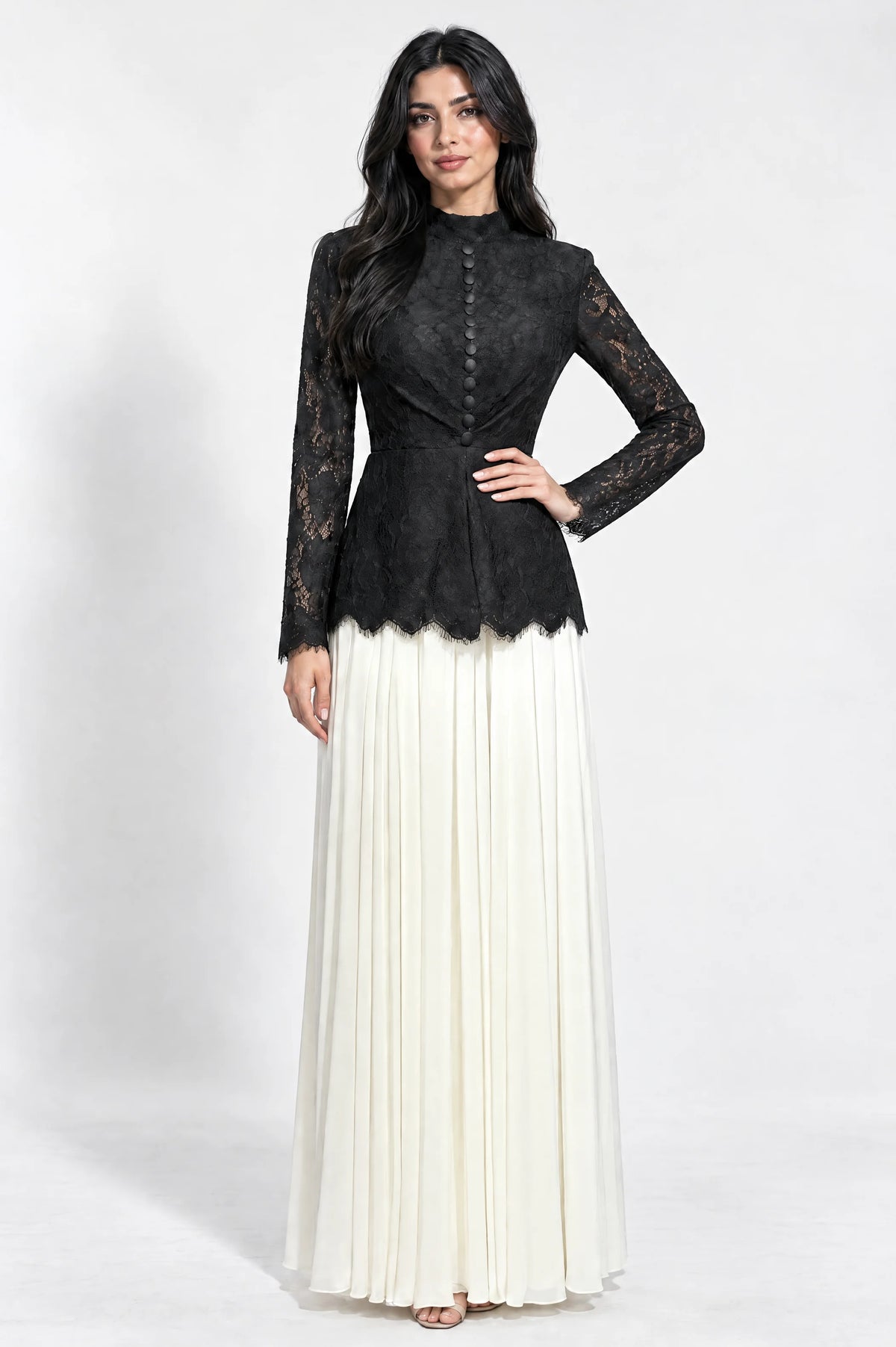 Button Details High Neck Chiffon Dress