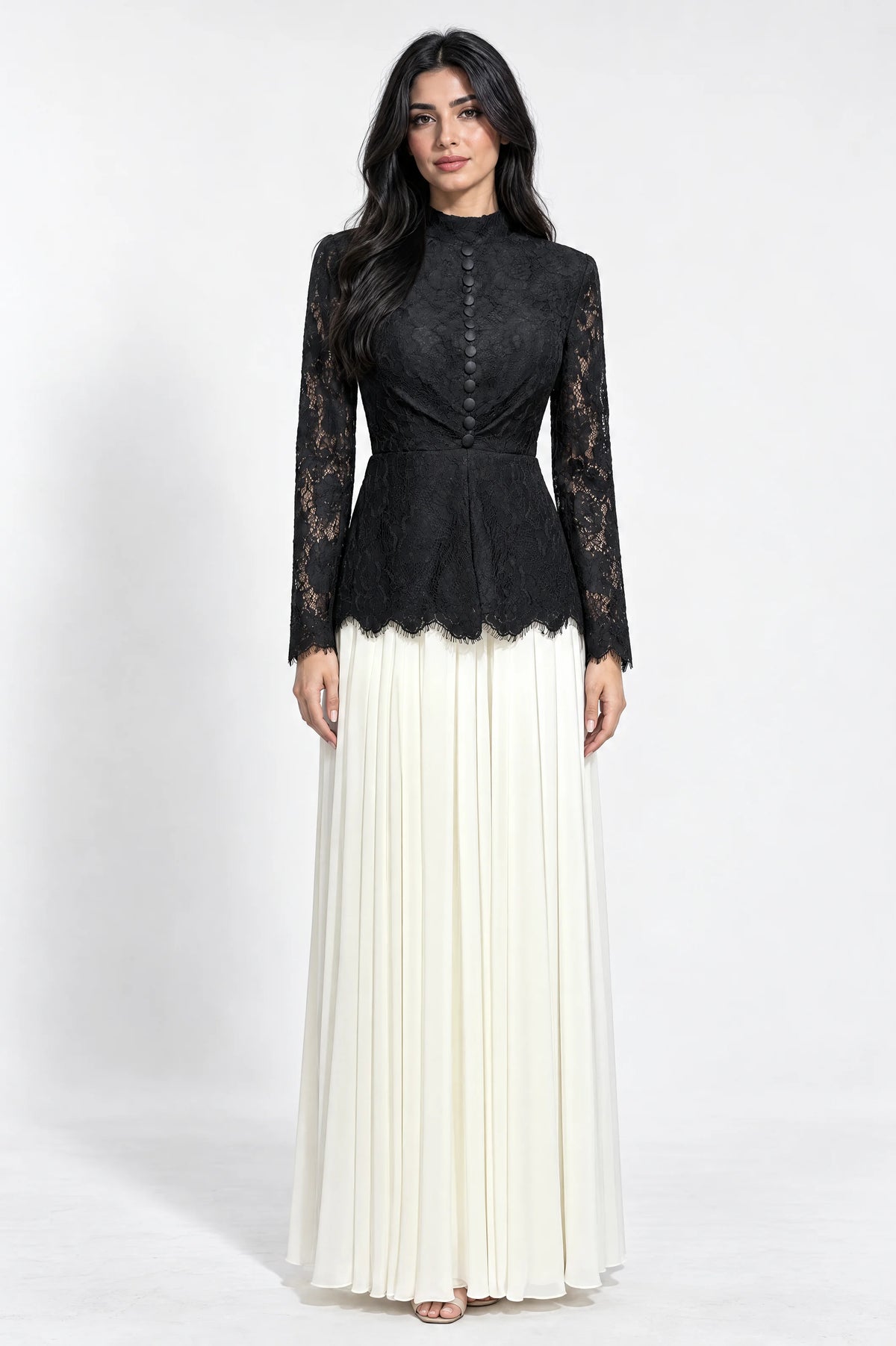 Button Details High Neck Chiffon Dress