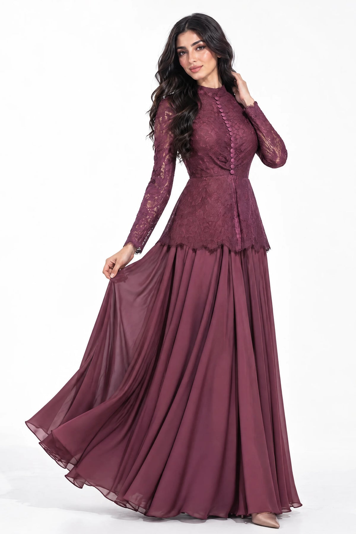 Button Details High Neck Chiffon Dress