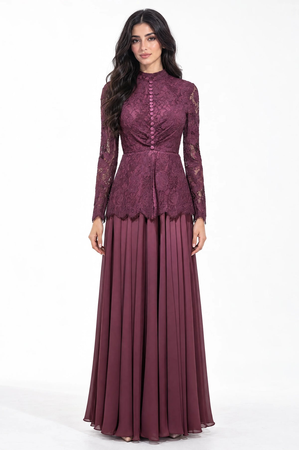 Button Details High Neck Chiffon Dress