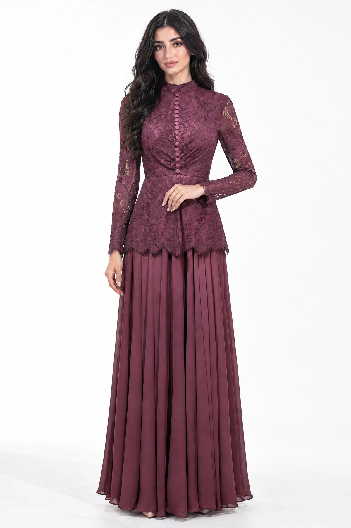 Button Details High Neck Chiffon Dress