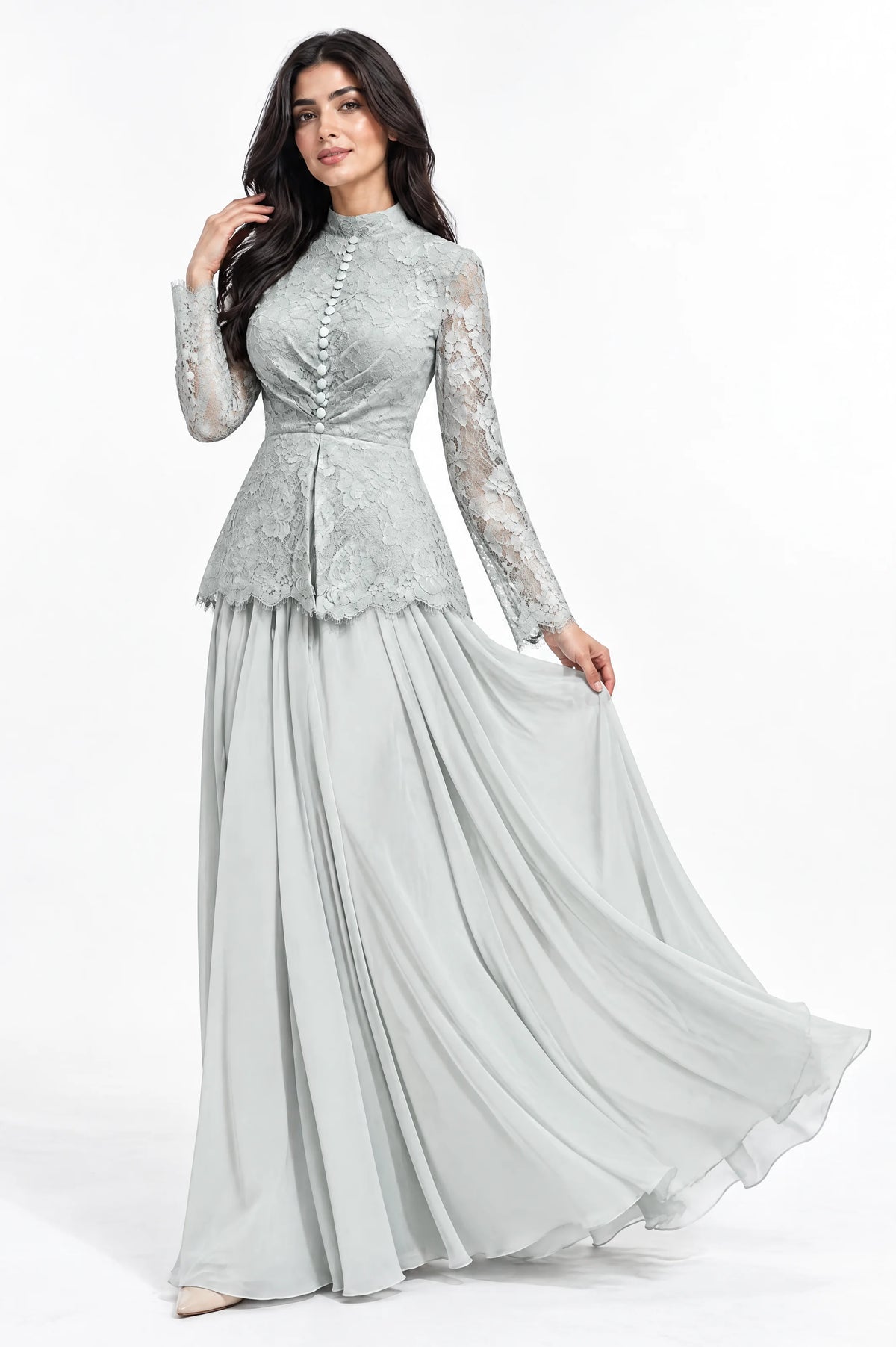 Button Details High Neck Chiffon Dress