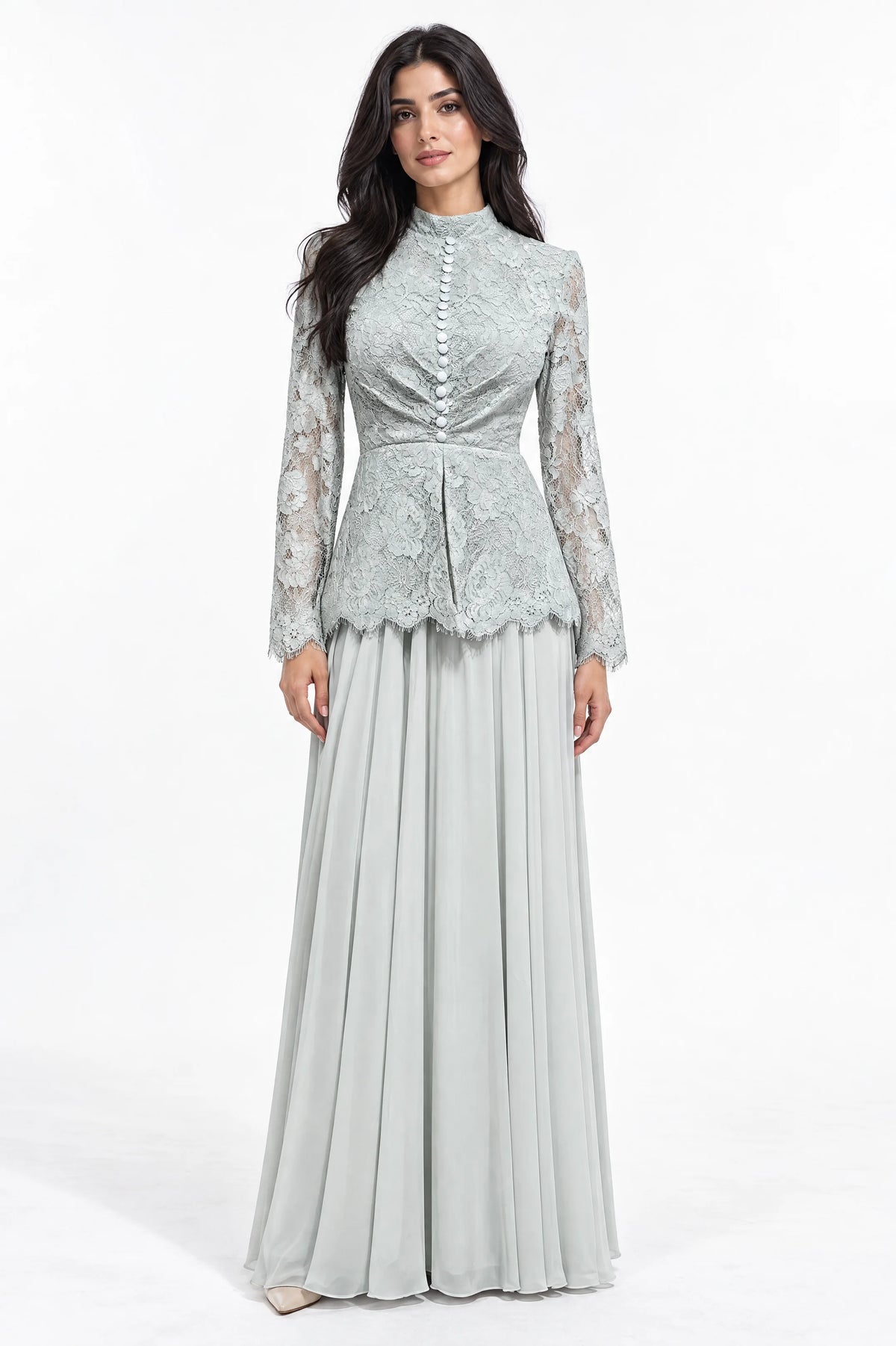 Button Details High Neck Chiffon Dress