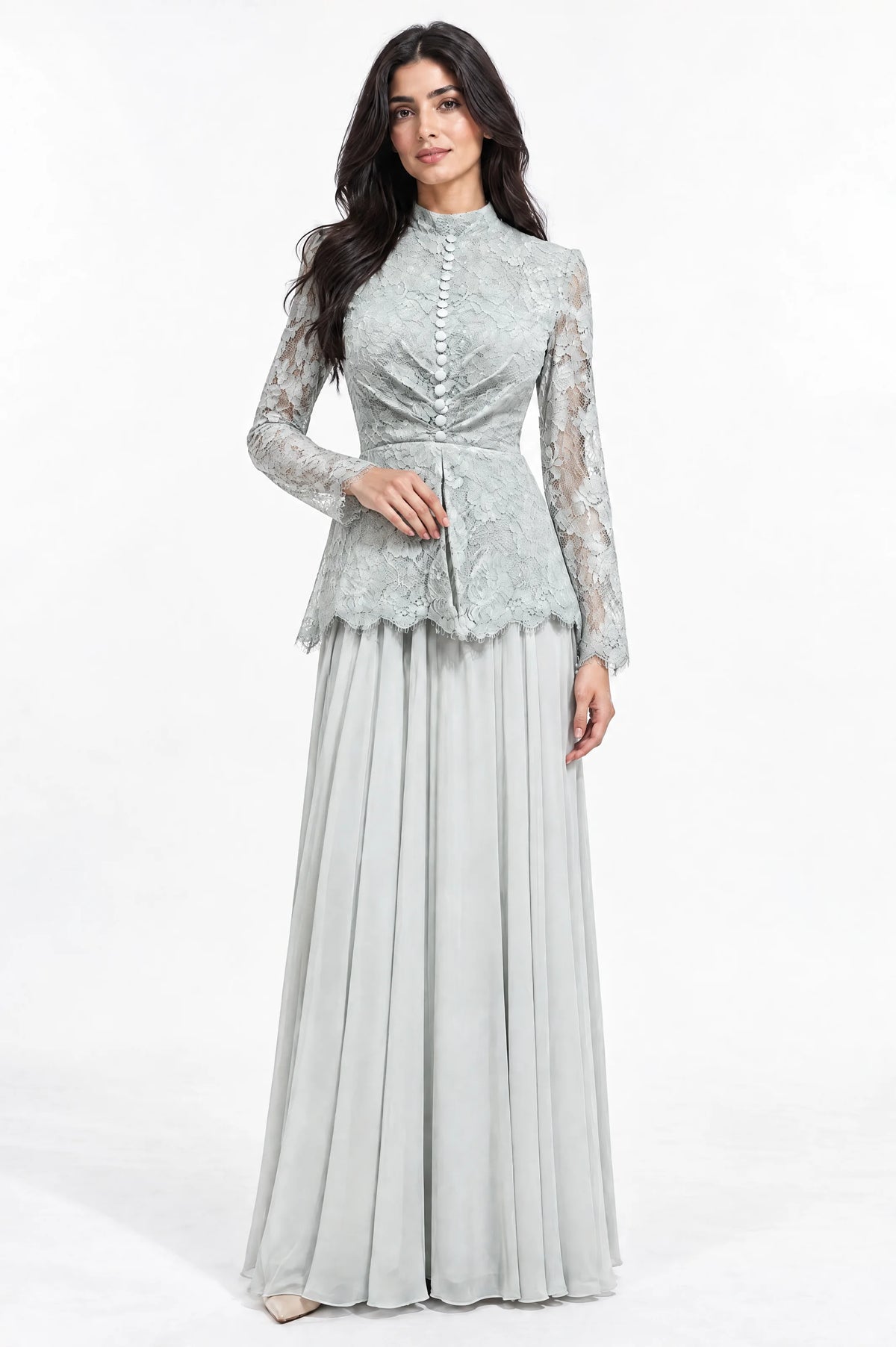 Button Details High Neck Chiffon Dress