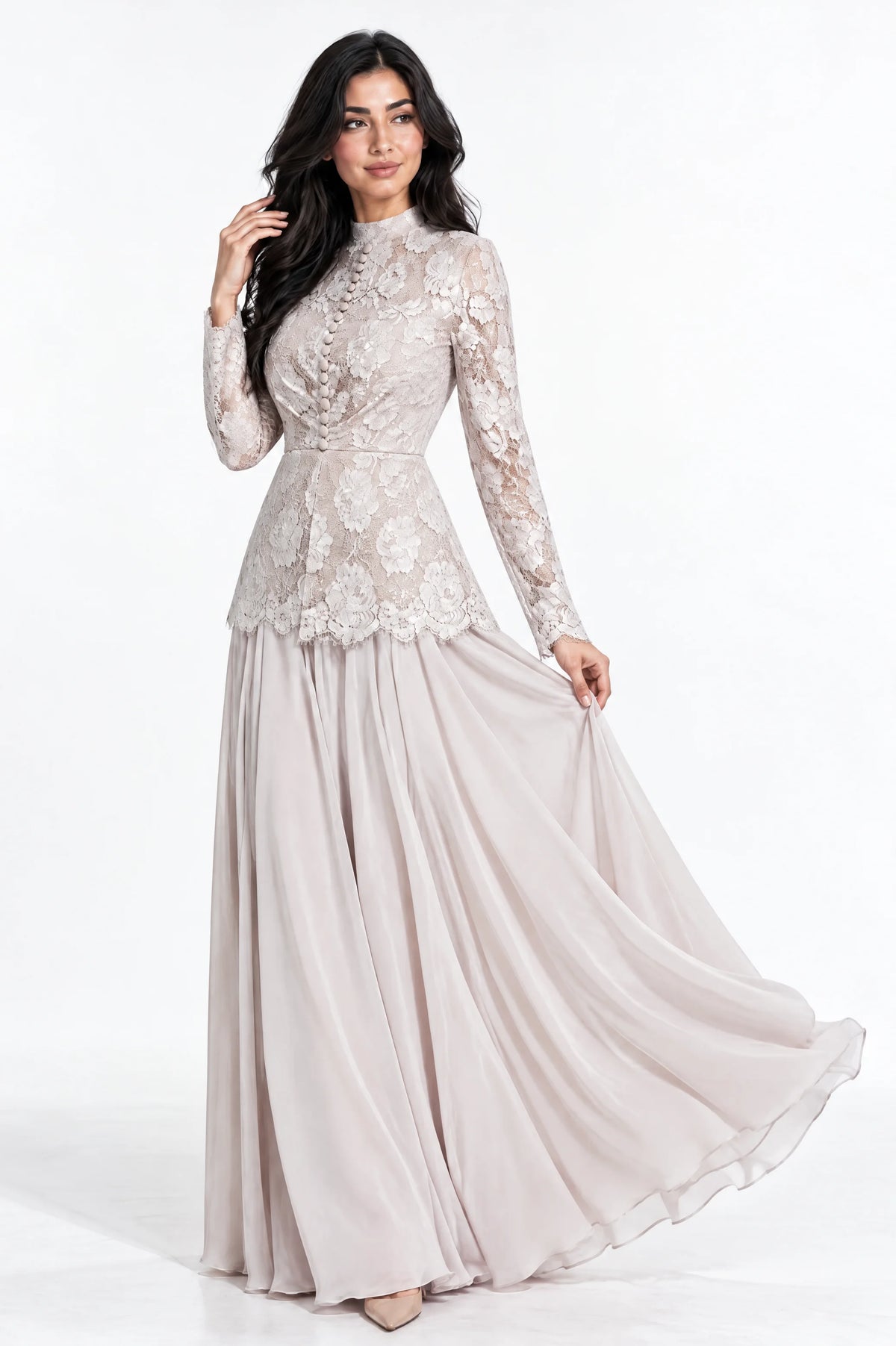Button Details High Neck Chiffon Dress