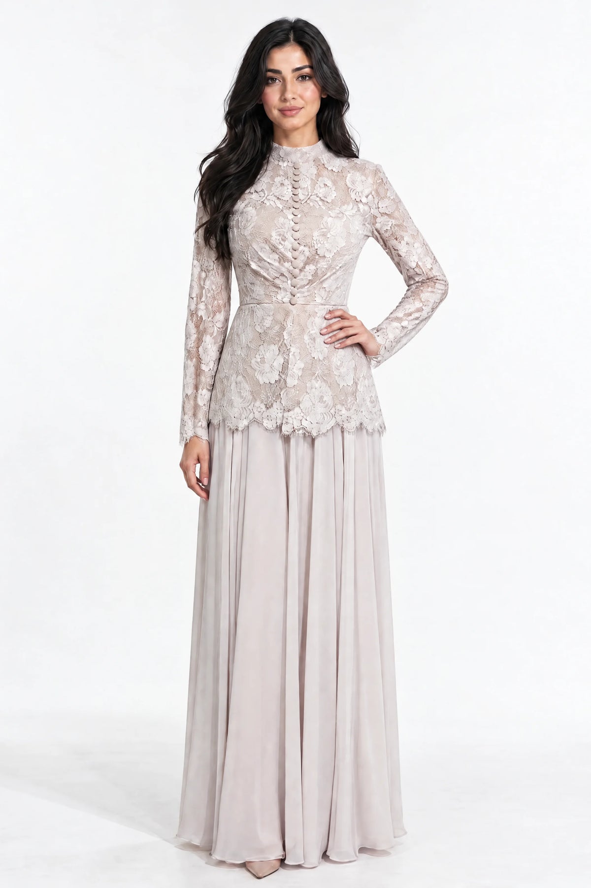 Button Details High Neck Chiffon Dress