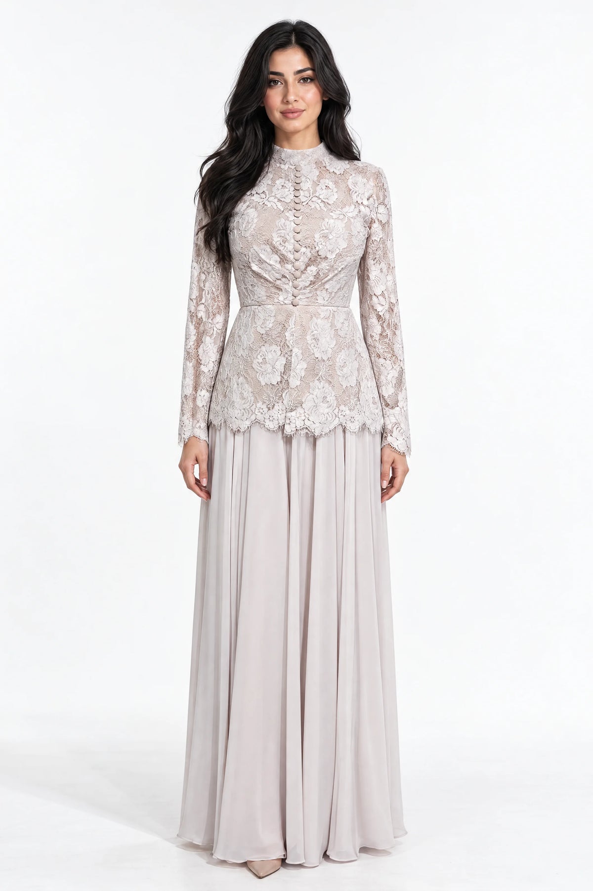 Button Details High Neck Chiffon Dress