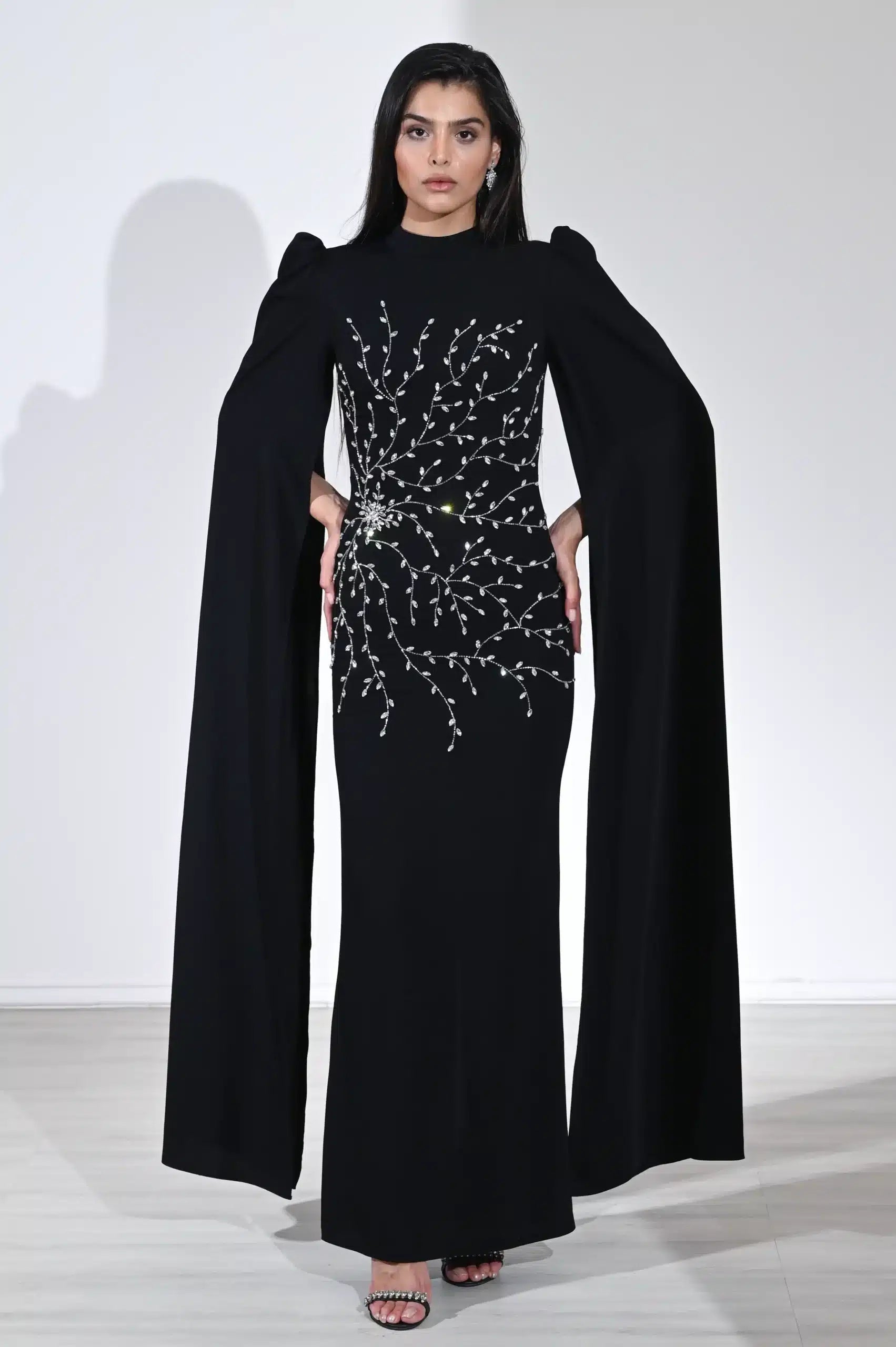 Cape Sleeve Crystal Tree Crepe Dress