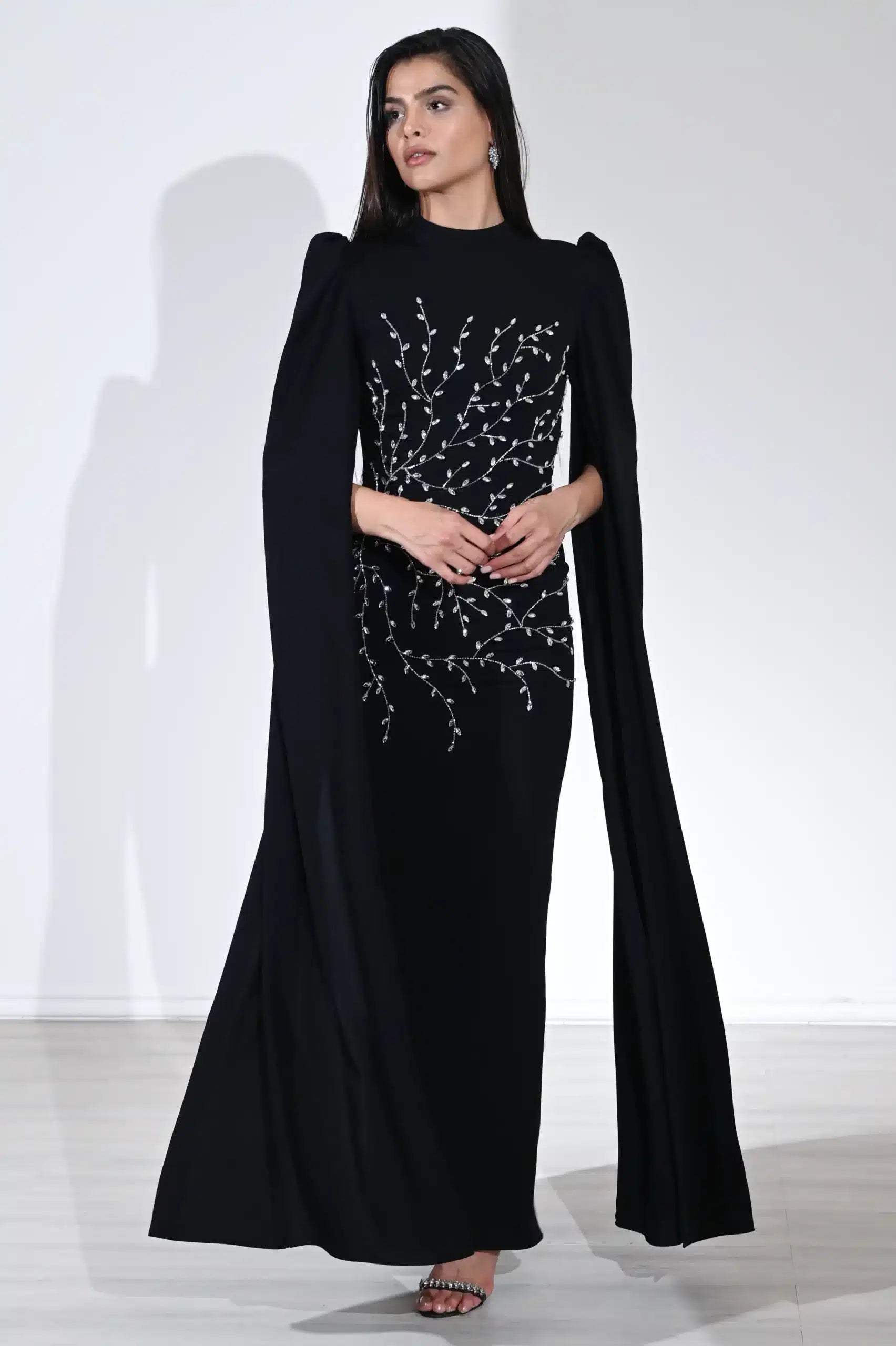 Cape Sleeve Crystal Tree Crepe Dress