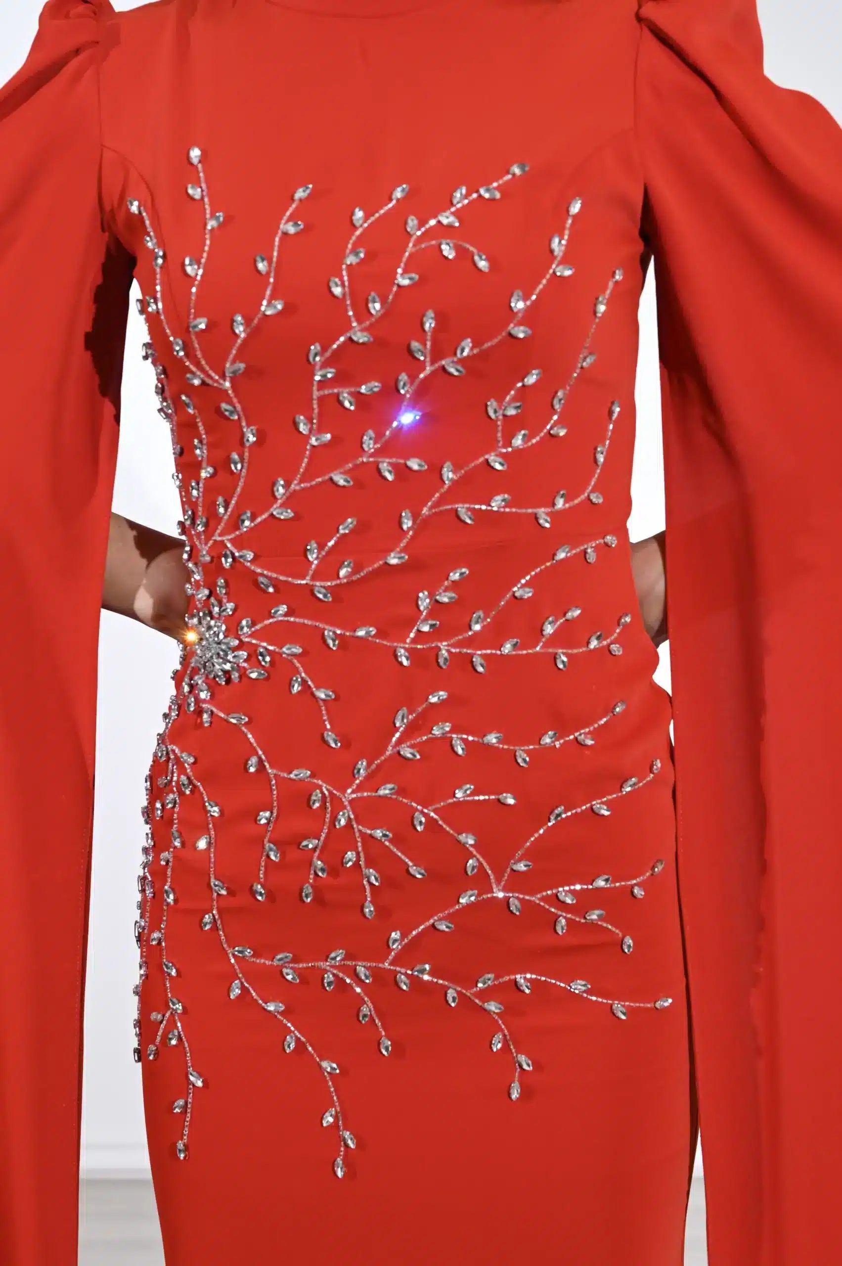 Cape Sleeve Crystal Tree Crepe Dress